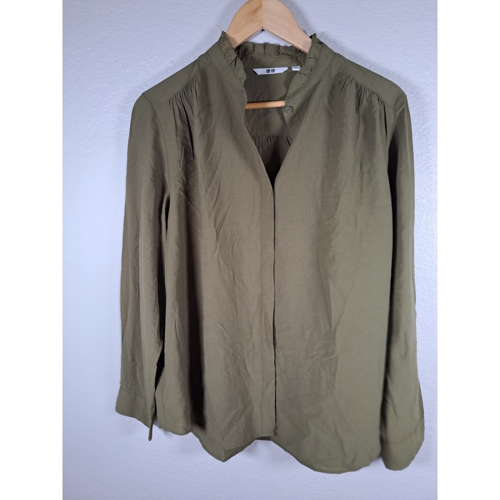 Uniqlo Womens Olive Green Ruffle Neck Long Sleeve Blouse Size L 475671
